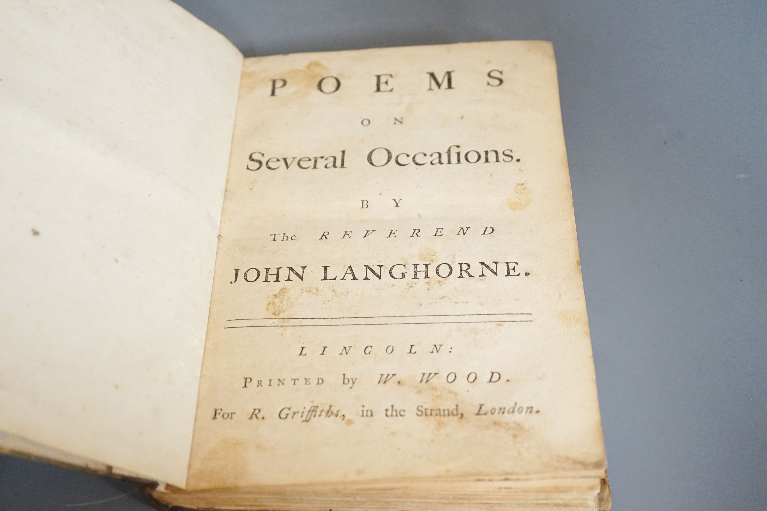 Langhorne, John - Poems on Several Occasions, small qto, quarter calf, lacking contents leaf, R. Griffiths, London [1760], Gay, John - The